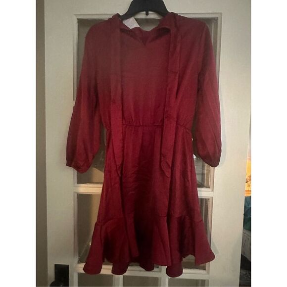 Burgundy size small Satin Short Dress Long Lantern Sleeve Ruffle A-Line Mini Dre - Picture 10 of 10
